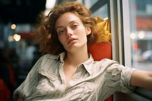 a woman with red hair sitting on a train generative ai photo