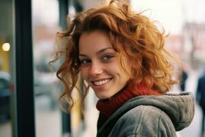 un mujer con rojo pelo sonriente en frente de un ventana generativo ai foto