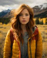 a woman with red hair standing in a field with mountains in the background generative ai photo