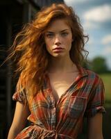 a woman with red hair standing in front of a barn generative ai photo