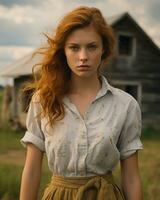 a woman with red hair standing in front of a barn photo