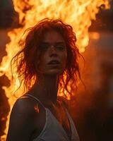 a woman with red hair standing in front of a fire generative ai photo