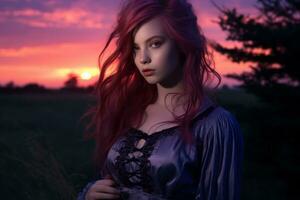 a woman with red hair standing in a field at sunset generative ai photo