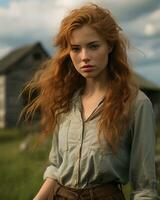 a woman with red hair standing in front of a barn generative ai photo