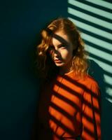 a woman with red hair standing in front of a blue wall generative ai photo