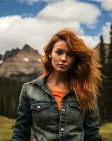 a woman with red hair standing in front of a mountain generative ai photo