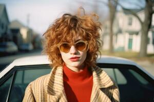 a woman with red hair standing in front of a car generative ai photo