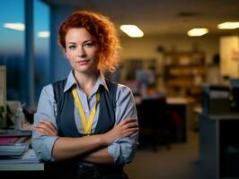 a woman with red hair standing in front of a desk generative ai photo