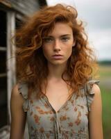 a woman with red hair standing in front of an old building generative ai photo