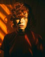 a woman with red hair standing in front of a window generative ai photo