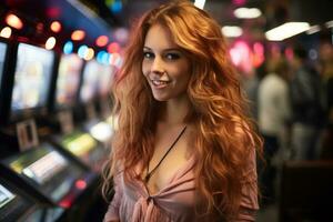 a woman with red hair standing in front of slot machines generative ai photo