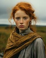 a woman with red hair standing in the middle of a field generative ai photo