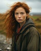 a woman with red hair standing on the side of the road generative ai photo