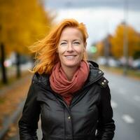 a woman with red hair standing on a street in the fall generative ai photo