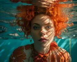 a woman with red hair under water generative ai photo