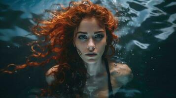 un mujer con rojo pelo debajo agua generativo ai foto