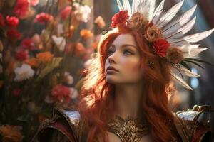 a woman with red hair wearing a crown and flowers generative ai photo