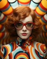 a woman with red hair wearing glasses and a colorful shirt generative ai photo