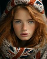 a woman with red hair wearing a union jack scarf generative ai photo
