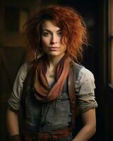 a woman with red hair wearing a vest and scarf generative ai photo