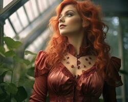 a woman with red hair wearing a red dress generative ai photo