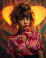 a woman with red lips and a pink shirt generative ai photo