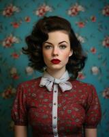 a woman with red lipstick and a bow tie posing in front of a floral patterned background generative ai photo