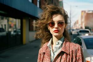 a woman with red lipstick and sunglasses on a city street generative ai photo