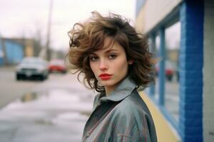 a woman with red lipstick standing in front of a building generative ai photo