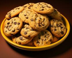 a yellow bowl full of chocolate chip cookies generative ai photo