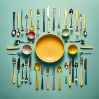 a yellow bowl filled with spoons and forks on a blue background generative ai photo
