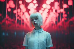 a woman with white hair standing in front of red lights generative ai photo