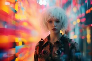 a woman with white hair standing in front of colorful lights generative ai photo