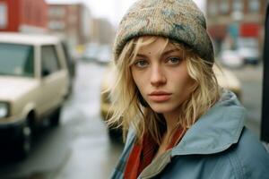 a young blond woman wearing a beanie and jacket on the street generative ai photo