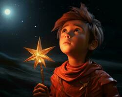 a young boy holding a star and looking up at the night sky generative ai photo