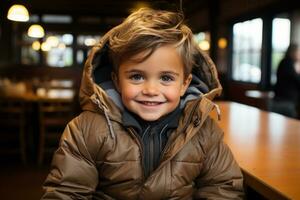 a young boy in a coat sitting at a table generative ai photo