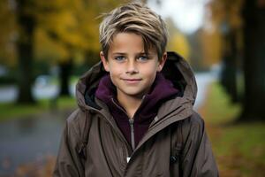 a young boy in a brown jacket standing in the middle of a road generative ai photo