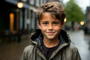 a young boy in a hooded jacket standing in the rain generative ai photo