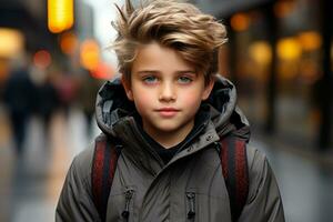 a young boy in a hoodie standing on the street generative ai photo