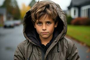 a young boy in a hooded jacket standing on the street generative ai photo