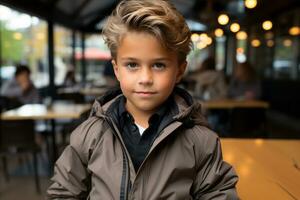 a young boy in a jacket standing in a restaurant generative ai photo