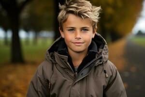 un joven chico en un chaqueta en pie en el medio de un la carretera generativo ai foto