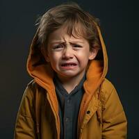 un joven chico en un amarillo chaqueta es llorando generativo ai foto