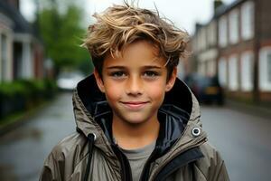 a young boy in a jacket standing in the middle of a street generative ai photo