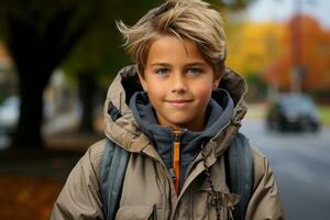 a young boy in a jacket standing on the street generative ai photo