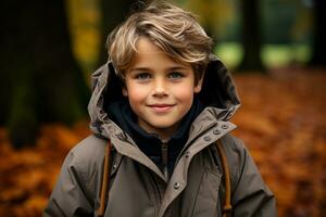 a young boy in a park wearing a jacket generative ai photo