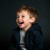 a young boy is laughing in front of a black background generative ai photo