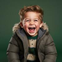 a young boy is laughing in a coat generative ai photo