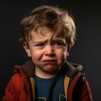 un joven chico es llorando en frente de un negro antecedentes generativo ai foto