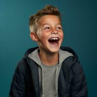 a young boy is laughing while wearing a jacket generative ai photo